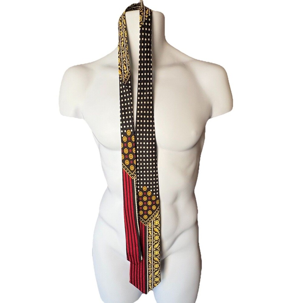 V2 By Versace Silk Tie Black Red Gold Baroque Polka Dot Vintage 1990s Designer - Picture 6 of 6